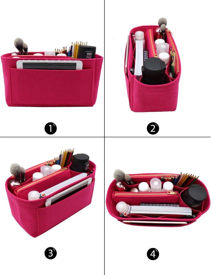 LEXSION Felt Purse Bag Organizer Insert with zipper Bag Tote Shaper Fit Speedy Neverful PM MM, 2-Rosy, M - Image 4
